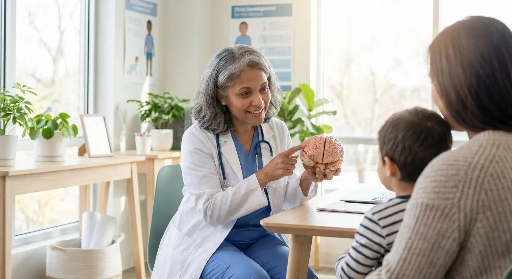 a doctor explain to a mother and child